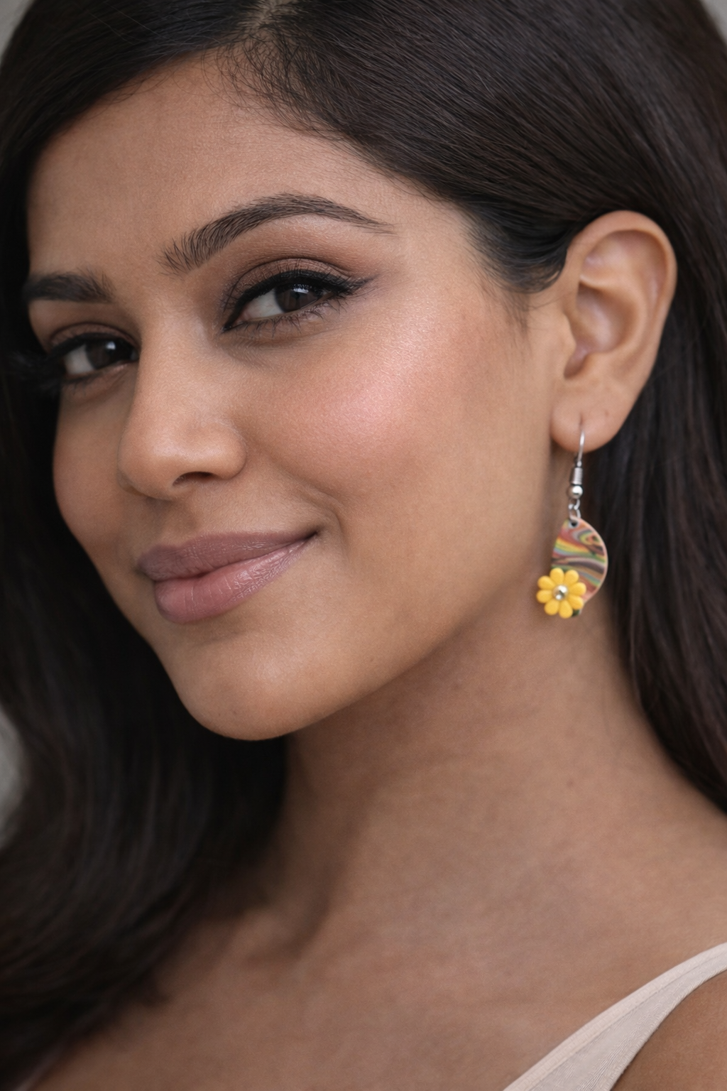 Blue Yellow and Pink Bloom Marble Drop Earrings