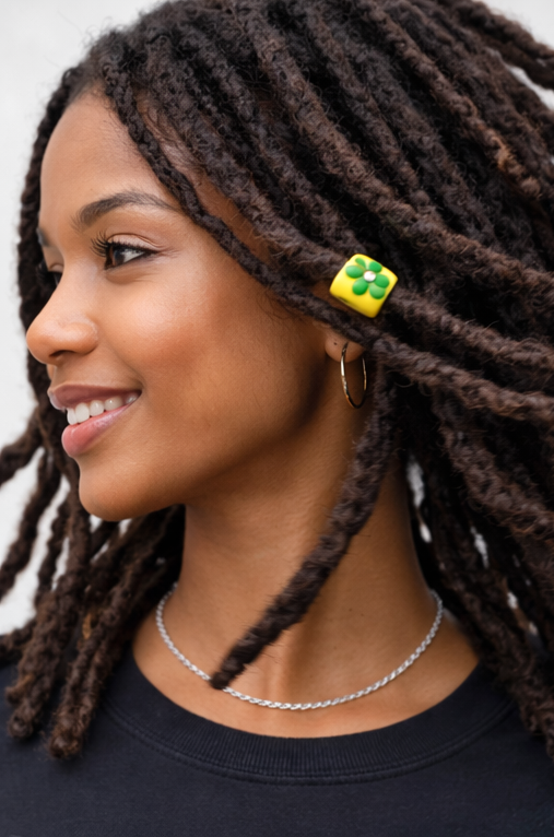 Flower Loc Bead – Yellow & Green | Handmade Polymer Clay Hair Jewelry