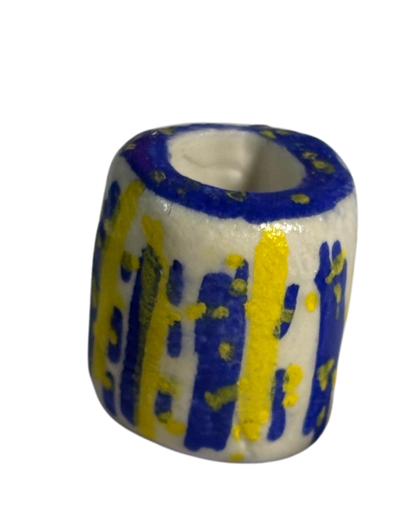 Hand Painted Loc Bead – Blue & Yellow Stripe Pattern | Artisan Dreadlock Bead