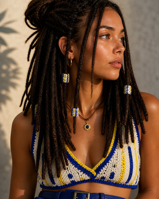 Hand Painted Loc Bead – Blue Zigzag & Yellow Splash | One-of-a-Kind Dreadlock Jewelry