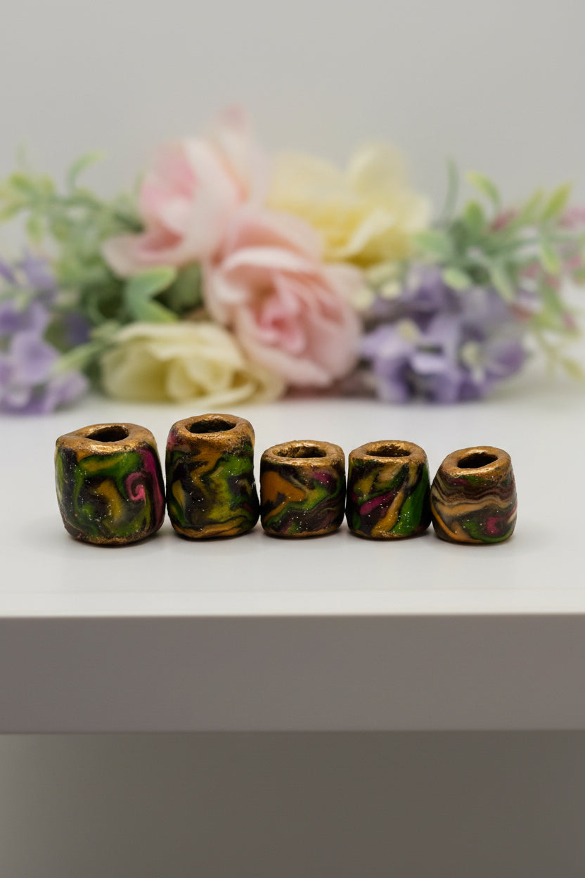Marble Loc Beads – Handmade Gold-Rimmed Hair Beads for Locs & Dreadlocks (Set of 5)