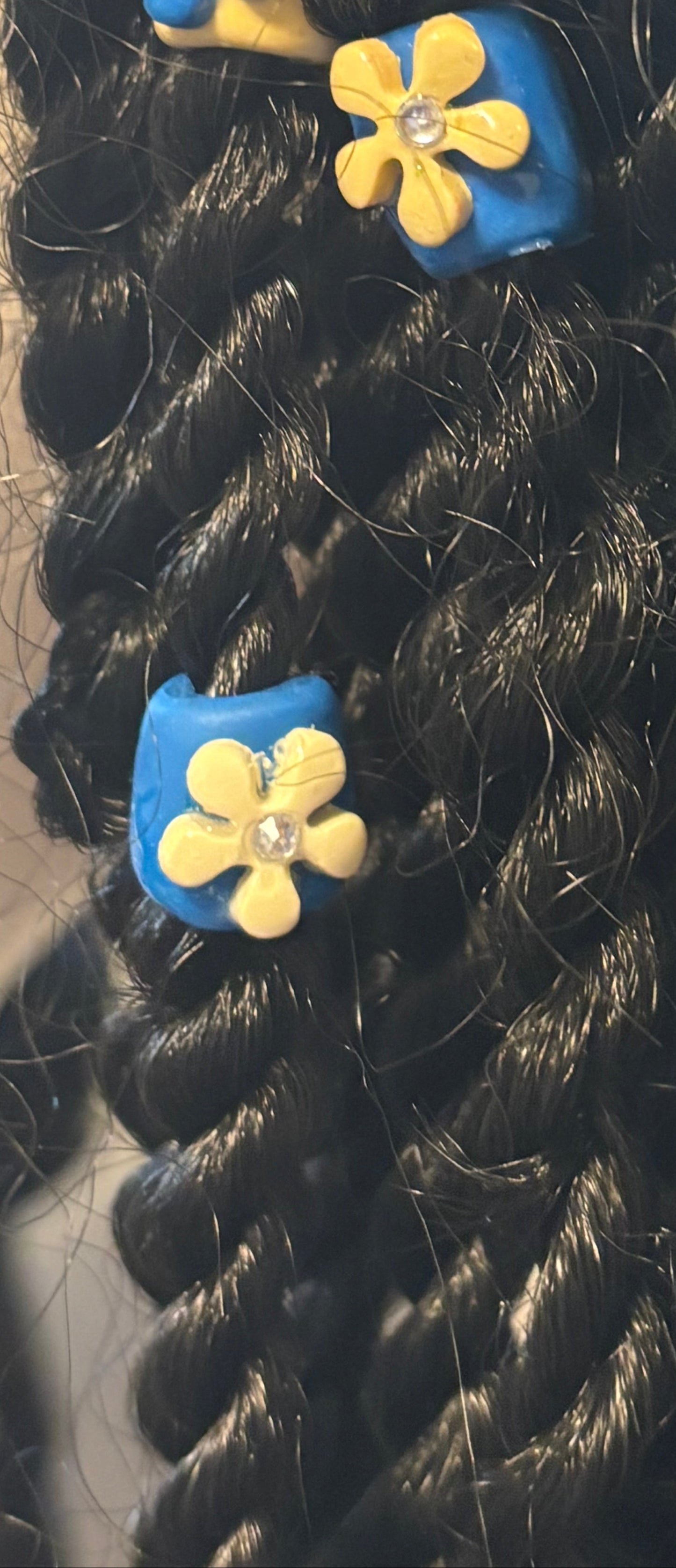 Flower Loc Bead – Blue & Cream | Handmade Polymer Clay Hair Jewelry