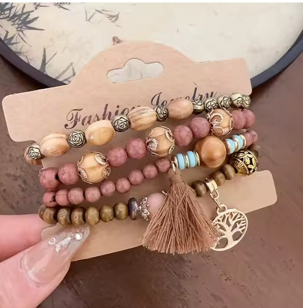 Boho 4 layer bracelet for girls, pink boho set, pink bead bracelet set