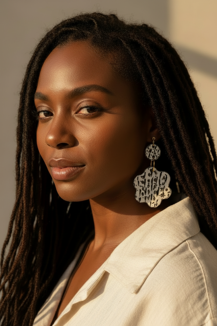 Abstract Bloom Earrings model shot - earlobe corrected