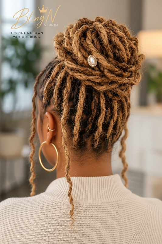 Back view of a high bun with a pearl and rhinestone loc charm