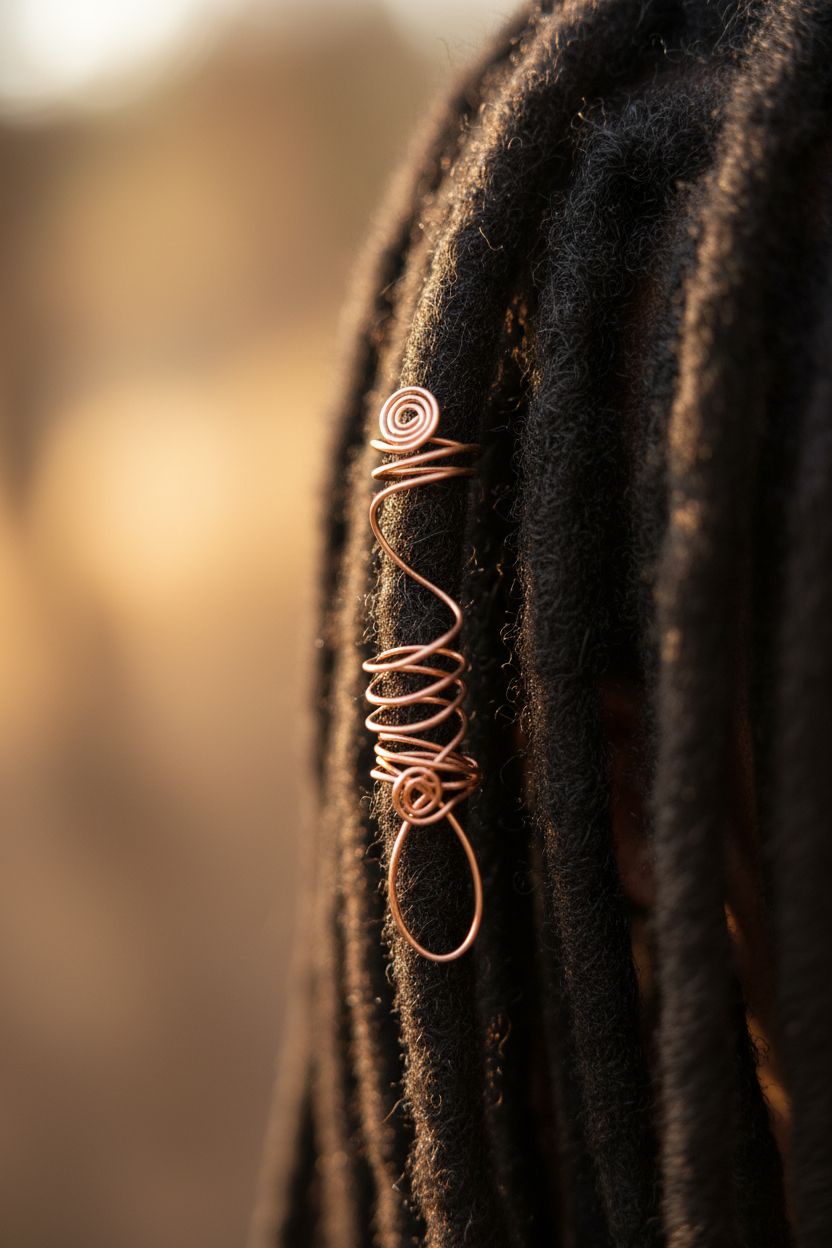 Copper Wire Loc Cuff with Oval Pendant on Model