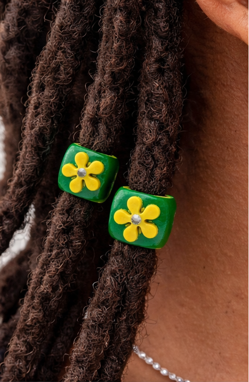 Flower Loc Bead – Green & Yellow | Handmade Polymer Clay Hair Jewelry