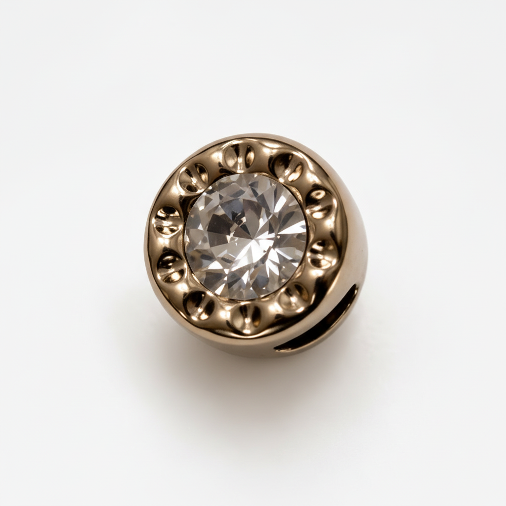 Gold solitaire crystal loc bead shown front on a white background