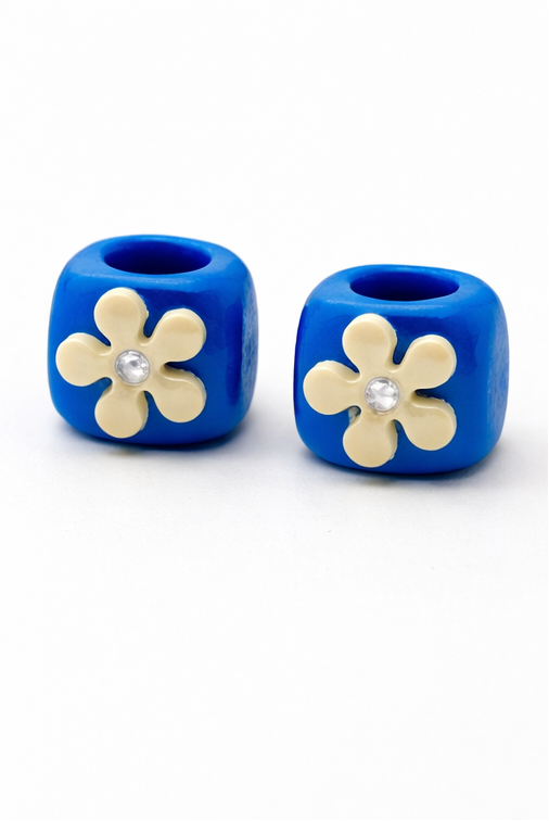 Flower Loc Bead – Blue & Cream | Handmade Polymer Clay Hair Jewelry