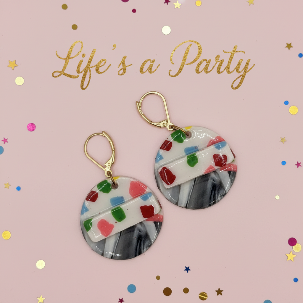 Life's a Party confetti dangle earrings promo graphic