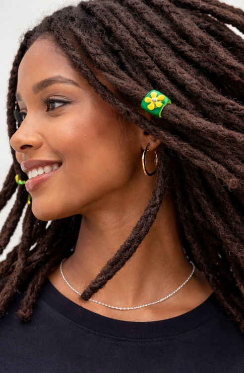 Flower Loc Bead – Green & Yellow | Handmade Polymer Clay Hair Jewelry