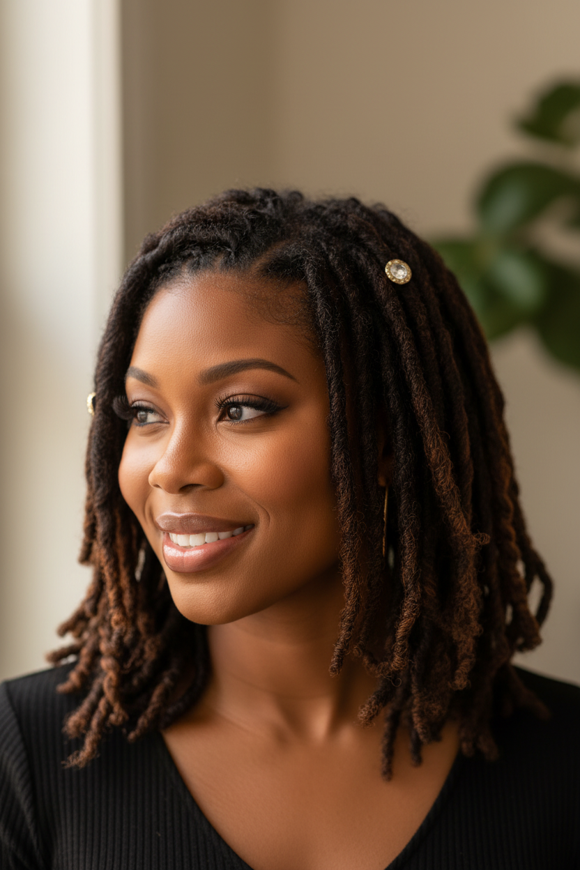 Woman wearing gold solitaire crystal loc beads on locs framing her face