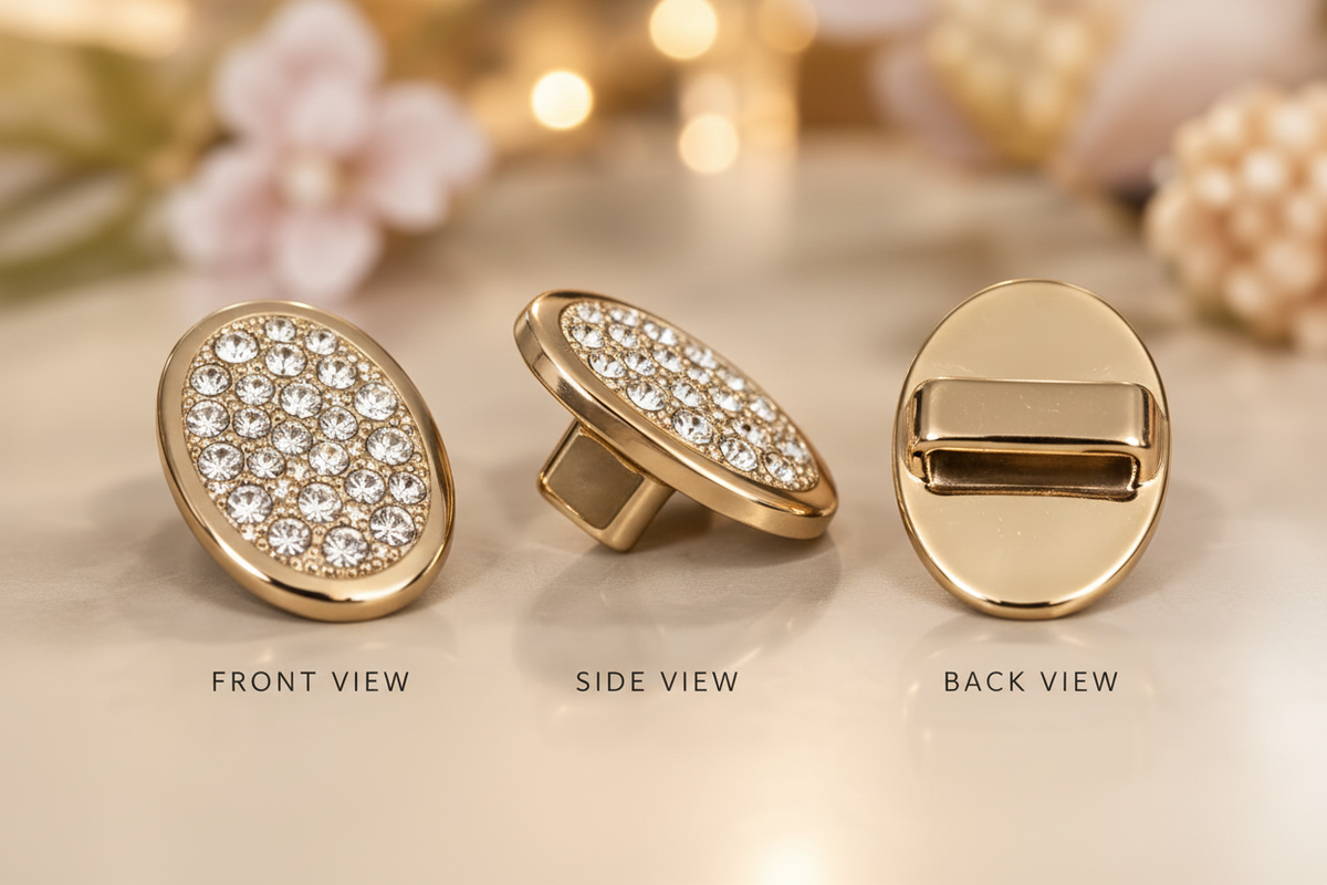 Three pave crystal loc charms showing front, side, and back with the slide bar clip