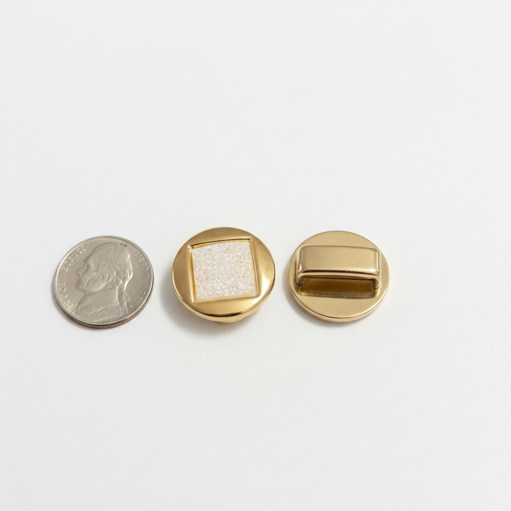 Iridescent square crystal loc bead shown front and back beside a US nickel for scale on a white background