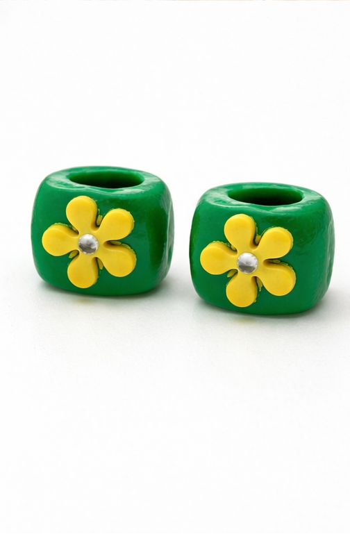 Flower Loc Bead – Green & Yellow | Handmade Polymer Clay Hair Jewelry