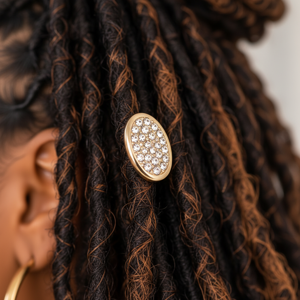Close-up of a gold pave crystal loc charm worn on a single loc