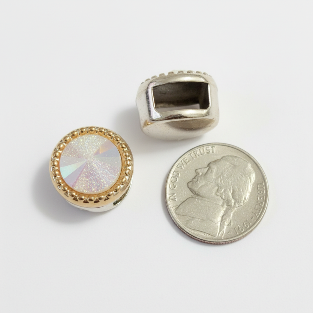 Iridescent crystal halo loc bead shown front and back beside a US nickel for scale on a white background