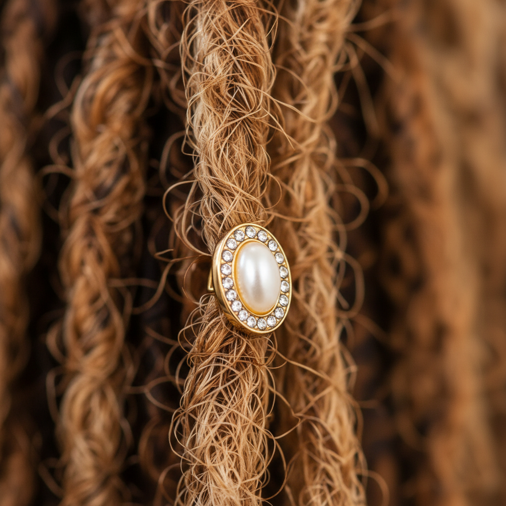 Close-up of a crystal-framed pearl loc charm worn on a single loc