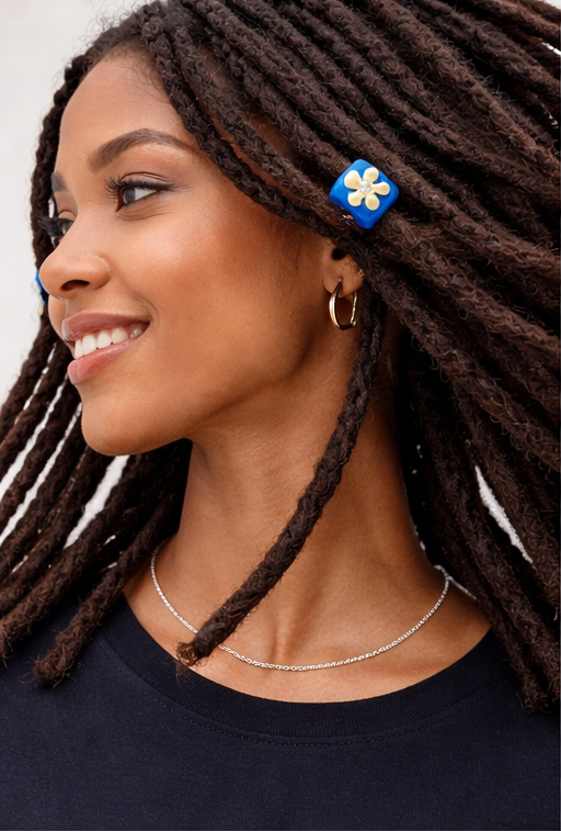 Flower Loc Bead – Blue & Cream | Handmade Polymer Clay Hair Jewelry