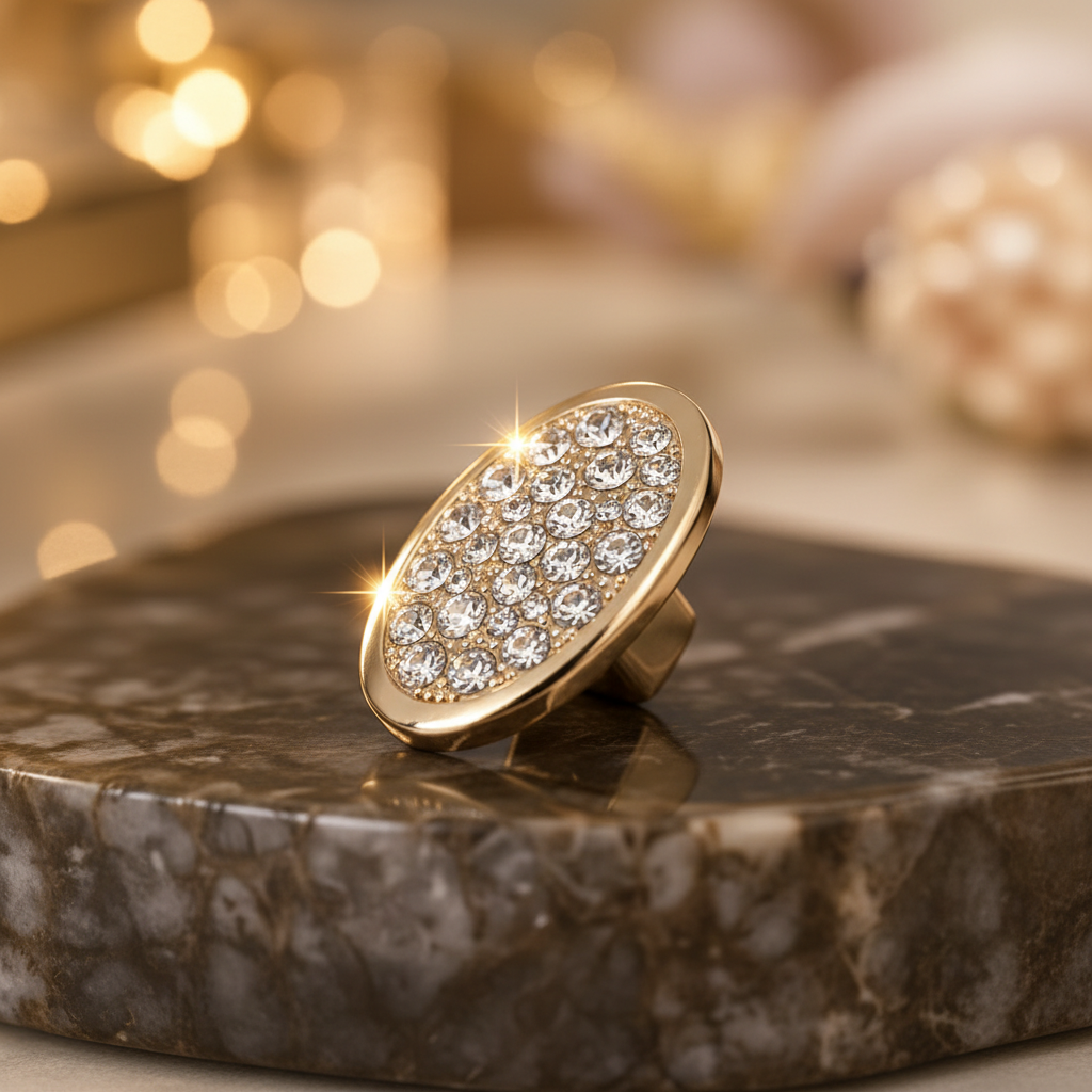 Gold pave crystal loc charm resting on dark marble with warm bokeh lights