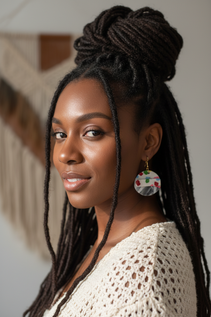 Model wearing gold confetti dangle earrings