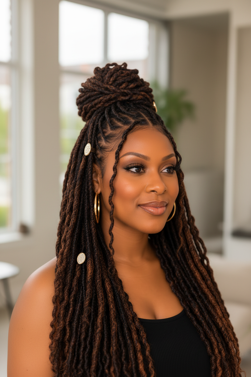 Woman wearing gold pave crystal loc charms in half up locs