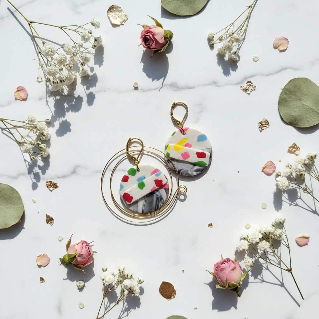 Gold confetti dangle earrings flat lay with floral accents