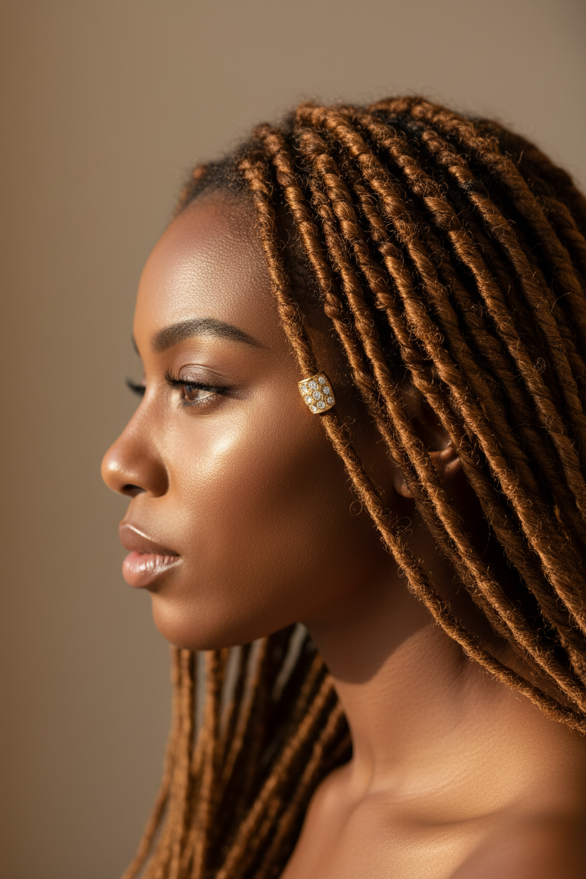 Gold crystal barrel loc beads worn on individual honey-brown locs