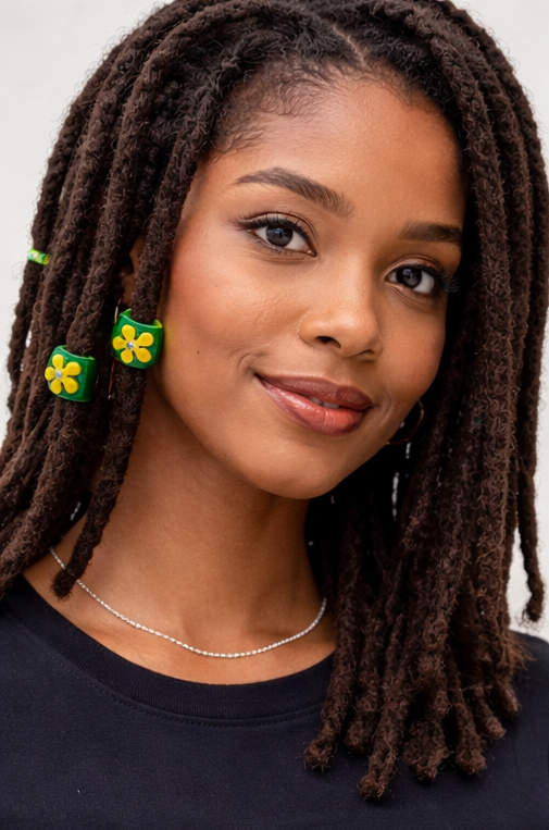 Flower Loc Bead – Green & Yellow | Handmade Polymer Clay Hair Jewelry