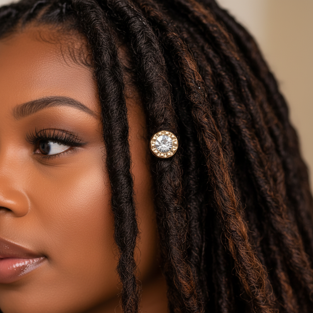Close-up of a gold solitaire crystal loc bead worn on a single loc