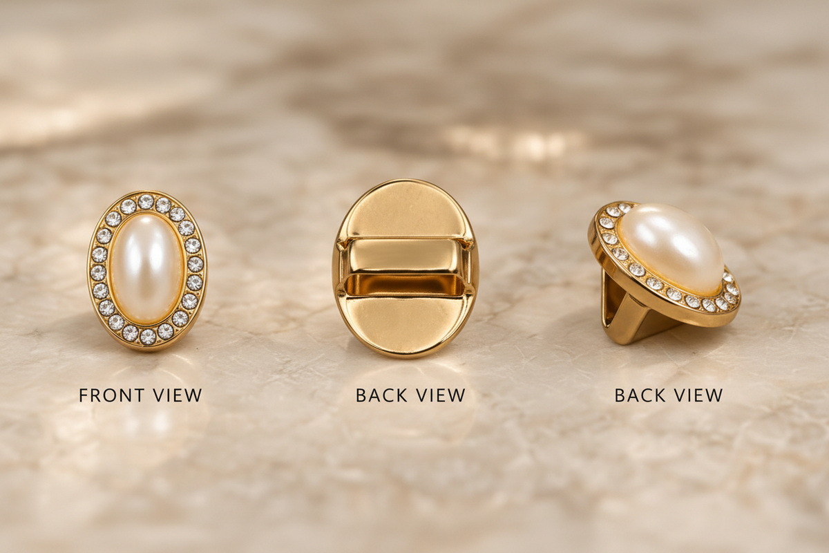 Three pearl and rhinestone loc charms showing front, back, and side views